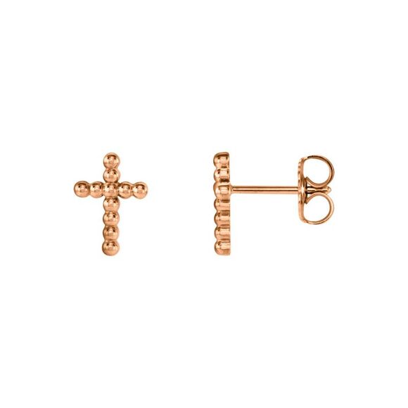 9mm Beaded Cross Post Earrings in 14k Rose Gold - Picture 1 of 3